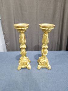 lot 1890 image: Pair of Decorative Candlesticks with Ornate Carved Stem and Base