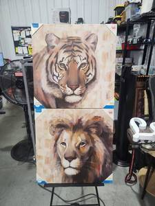 lot 2969 image: 2 Canvas Paintings Tiger Lion Animal Portraits 20x20 Inches