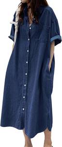 lot 48134 image: chouyatou Womens Summer Casual Short Sleeve Long Denim Shirt Dress Casual Loose Button Down Jean Dress SIZE 2XL