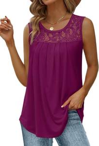 lot 48136 image: Saloogoe Summer Tank Tops for Women Loose Fit Pleated Tunics Scoop Neck Sleeveless Lace Tops Curved Hem Flowy SIZE L