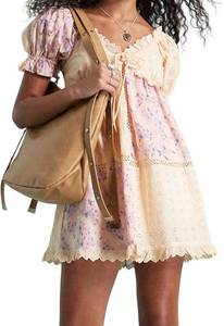 lot 48145 image: Women Floral Patchwork Babydoll Dresses Puff Sleeve V Neck A Line Cute Mini Dress Flowy Y2k Sundress for Teens SIZE L