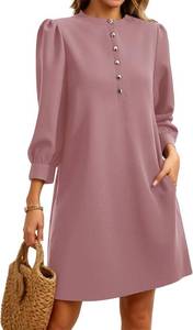 lot 48162 image: Wenrine Womens 34 Puff Sleeve Mini Dress Button Crewneck Elegant Casual Business Shift Dresses 2026 SIZE S