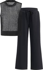 Women Two Piece Outfits Crochet Sheer Knit Sweater Sleeveless Top Wide Leg Pants Lounge Matching Sets Travel Sweatsuit SIZE M