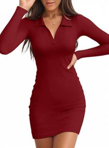 lot 48182 image: Valiamcep Womens Dress Long Sleeve V Neck Collared Ribbed Knit Bodycon Mini Pencil Dresses COLOR IS BLACK SIZE M