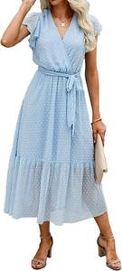 BTFBM Women Summer Casual Wrap V Neck Ruffle Cap Sleeve Belted Midi Dress SIZE S