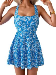 lot 48219 image: B2prity Womens One Piece Swimdress Swimsuit Tummy Control Swim Dress Modest Full Coverage Bathing Suit with Side Pocket Blue Print SIZE 4XL