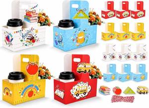 lot 48307 image: Konsait 12 Pack Back to School Cup Carrier with Gift Tags & Ribbons, Disposable Cardboard 2 Cup Holders for Coffee, Treats, Flowers, Gifts and More