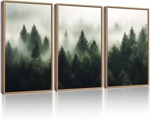 lot 48310 image: KUVIOKE Fog Pine Tree Framed Wall Art Nature Nordic Green Forests Artwork Morden Painting Home Decor 11x14in (Natural Framed)