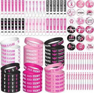 lot 48336 image: WATINC Ribbons Awareness Accessories Kits - 144PCS Pink Ribbon Week Awareness Set 36 Silicone Bracelets 36 Rubber Keychains 36 Button Pins 36 Pens Gifts for Charity Events Party (Breast Cancer)