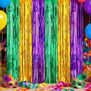 lot 48359 image: Childom 2 Pcs Mardi Gras Decorations,Mardi Gras Backdrop for Party,3.28 x 8.2 Ft Foil Door Decor,Purple Green Gold Fringe Tinsel Backdrops,Carnival Party Supplies for Photo Booth Props Decorations