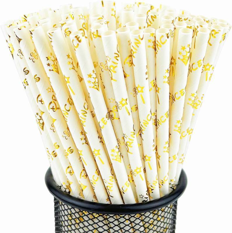 lot 3464 image: YAOSHENG Paper Straws for drinking, Pack 100 Gold Crowns Paper Straws for Cocktail Party Supplies,Birthday,Wedding,BridalBaby Shower,Juice,shakes,Smoothies