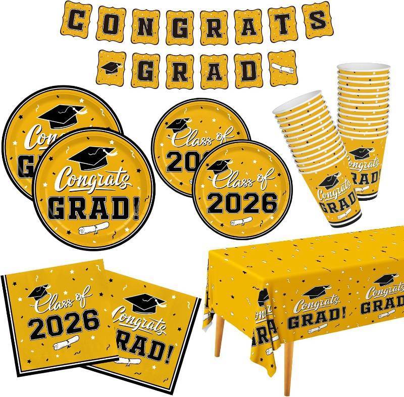 lot 3063 image: Graduation Party Supplies Gatherfun 2026 Graduation Party Dinnerware Set Yellow Disposable Paper Plates Napkins Cups Tablecloth Banner for Congrats Grad Party Decorations, Serve 25