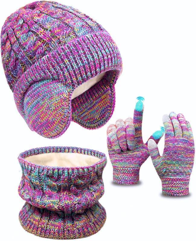 lot 3195 image: Kids Winter Hat Gloves Scarf Set,Toddler Girls Boys Beanie Hat with Earflaps,Knit Mittens & Neck Gaiter Warmer for Kids 4-12