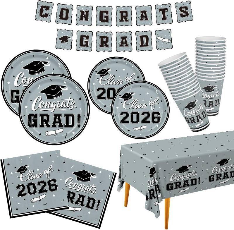 lot 40019 image: Graduation Party Supplies Silver Graduation Party Dinnerware Set Disposable Paper Plates Napkins Cups Tablecloth Banner for Congrats Grad Party Decorations, Serve 25