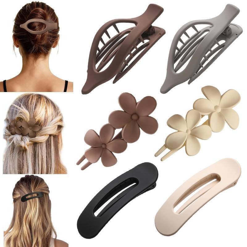 lot 3036 image: 6 Pack Large Flat Claw Clips for Women, French Matte Non Slip Flat Hair Clips, 3 Styles Strong Hold Side Slide Barrettes for Thick Thin Fine Hair, Duckbill No Crease Hair Accessories (Brown&Grey)