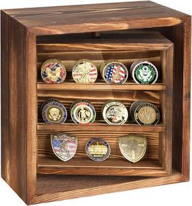 lot 48377 image: Double-Sided Rotating Challenge Coin Display Case, Medals Collectible Figures Cabinet Shadow Box, Honoring Veterans & Collectors Holder Storage Box for Bobble Heads by Wood