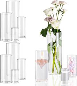 lot 48380 image: 8pcs Clear Glass Cylinder Vases for Centerpieces, 4,6,8,10 Inch Tall Clear Flower Vases Wedding Decorations, Glass Hurricane Candle Holder for Table Shelf, Floral Vase Bulk for Home Decor