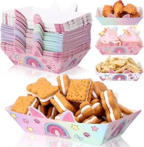 lot 48387 image: 48 Pcs Cartoon Cat Food Tray Cartoon Doll Disposable Food Boats Paper Serving Tray for Snacks Cookies Chips Doll Birthday Party Supplies