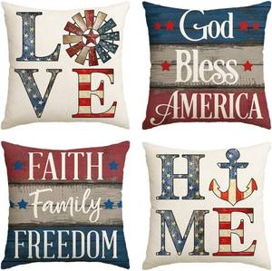 lot 48389 image: AVOIN colorlife God Bless America Throw Pillow Covers 18x18 Set of 4, Faith Family Freedom 4th of July Independence Memorial Day Patriotic Decorations for Sofa Couch