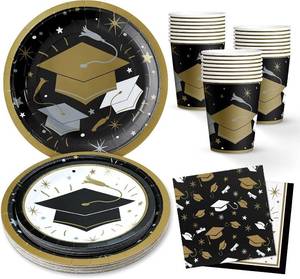 lot 48403 image: ZVK Graduation Disposable Party Paper Plates Napkins and Cups Sets Class of 2026 Black and Gold Congrats Grad Dinnerware Decorations Serve 24