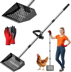 lot 48404 image: Chicken Poop Scooper & Rake 2-in-1,Metal Coop Shovel 10 inches Sand Sifting Shovel, Chicken Coop Scooper, Adjustable Stainless Steel Handle (35 to 62), Cleaning Tools for Chicken Coops