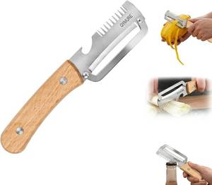 lot 48414 image: LOT OF THREE - New Multifunctional Vegetable Peeler with Wooden Handle and Bottle Opener, Stainless Steel Peeler for Kitchen, Multi Functional Vegetable Peeler for Fruit Potato Carrot Pumpkin Zucchini (1-Pack)