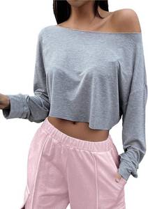 lot 48415 image: Off Shoulder Crop Top for Women Workout Gym Dance Top Spring Summer Top Boat Neck Loose Casual Long Sleeve T Shirt SIZE 2XL COLOR IS PINK