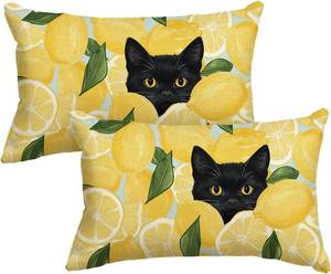 lot 48416 image: AVOIN colorlife Summer Lemon Black cat Throw Pillow Covers, 12 x 20 Inch Leaves Cushion Case Decoration for Sofa Couch Holiday Seasonal Home Decor Set of 2