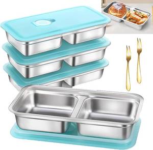 lot 48442 image: Antenat Reusable Stainless Steel Snack Containers with Lids (4PCS)  Double Compartment, Leak-Proof Food Containers with 2 Forks, Portable for Travel, Camping, Office Lunch, Takeout, Picnic & Dessert