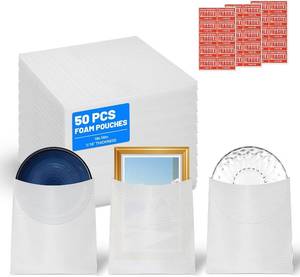 lot 48470 image: Large Thickened Cushion Foam Pouches, 50 Pack, 16 16 in, 114 (1.8 mm) Thick  30 Fragile Labels, Reusable Moving Packing Supplies for Dishes, Plates & Fragile Items