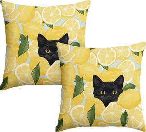 lot 48497 image: AVOIN colorlife Summer Lemon Black cat Throw Pillow Covers, 18 x 18 Inch Leaves Cushion Case Decoration for Sofa Couch Holiday Seasonal Home Decor Set of 2