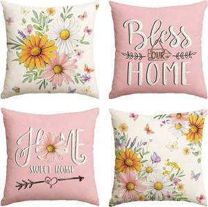 lot 48504 image: LOT OF FIVE PACKS OF - AVOIN colorlife Spring Little Daisy Throw Pillow Covers, 20 x 20 Inch Bless Our Home Sweet Home Butterfly Pink SummerCushion Case Decoration for Sofa Couch Set of 4