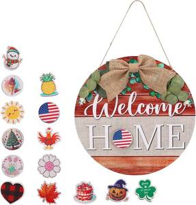 lot 48506 image: Interchangeable Home Welcome Sign for Front Door with 14 Changeable Icons, Rustic Round Wreaths Farmhouse Porch Wall Door Seasonal Hanging Decoration, House Warming Gifts for New Home