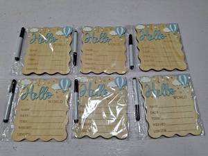 lot 48519 image: LOT OF SIX - Wooden Hello World Newborn Welcome Sign, Baby Announcement Sign