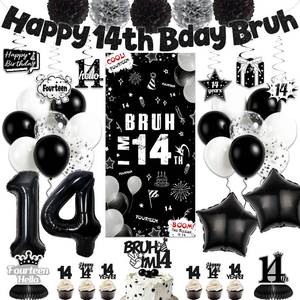 lot 48524 image: Black 14th Birthday Party Decorations - Happy 14th Bday Bruh Decoration Banner with Door Banner Hanging Swirls Balloons Cake Topper, Bruh Im 14 Fourteen Years Old Birthday Party Supplies for Boys