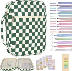 lot 48539 image: Bible Organizer Kit with 12 Colored Pens, Labels & Ruler, 10.2 12.2 Portable Green White Checkerboard Bible Carrier for Christian Women, Ideal for Church & Scripture Gathering