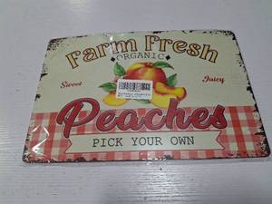lot 48542 image: SCAZOMV Farm Fresh Sweet Juicy Peaches Vintage Metal Tin Sign, Retro Fruit Poster Decorative Wall Art Signage, Farmhouse Country Market Kitchen Bar Home Decor, 12 X 8