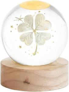 lot 48561 image: 3D Four-Leaf Clover Crystal Ball with Wooden Base, Gifts Presents Glass Sphere, Paperweight Crystal Display Sculpture Home Decor Crafts