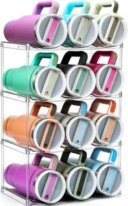 lot 48567 image: Acrylic Water Bottle Organizer, Hold Stanley 40 OZ Cup & Large Bottles & Tumblers wHandle - Stackable Clear Bottle Holder Rack for Home Kitchen Pantry Shelf Countertop Cabinet, 4 Tier Hold 12