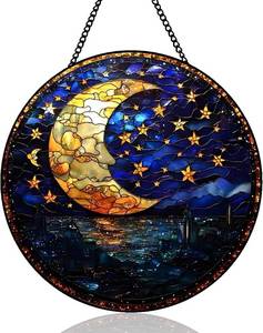lot 48574 image: Stained Glass Window Hanging 7.87inch20cm Moon and Stars Sun Catcher Suncatchers for Windows Hanging Indoor Wall Art Home Decor for Mom Grandma Wife Teacher