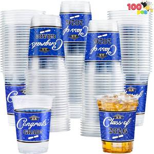 lot 48576 image: JOYIN 100 Pcs 16oz Graduation Party Plastic Cups (Blue), Grad Disposable Cups for Class of 2026 Graduates, PET Cup Tableware Bulk for 2026 High School College Graduation School Grad Party Supply Decor