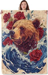lot 48592 image: Wild Bear Blanket, Soft Cozy Warm Grizzly, Waves, Roses Throw Blanket Gifts for Adults Kids Women Men, Lightweight Comfy Fuzzy Flannel Blankets for Couch, Travel, Home Decor 60 50 Inch - STOCK PHOTO APPROXIMATE