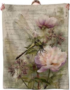 lot 48593 image: Vintage Dragonfly Blanket, Gifts for Nature and Floral Lovers, Lightweight Flannel Throw Blankets, Botanical Insect with Peony Flower Throws Home Decor, for Couch Living Room Office, 80x60inch