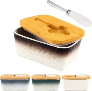 lot 45376 image: Butter Dish with Lid, 6.5 Large Butter Container for Countertop, Ceramic Brown Butter Keeper Container with Knife, Bamboo Cover and High-Quality Silicone Sealing for Home Decor Kitchen