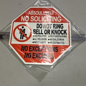 lot 45441 image: 10 X 10 With 28 Long Metal Stakes Reflective Aluminum Weather Fade Resistant NO SOLICITING SIGN