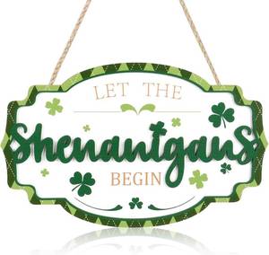 lot 45444 image: HOURIA 3D St.Patricks Day Door Sign,Let the Shenanigans Begin Irish Shamrock Wood Hanging Wreath Sign,11.47 inches Green Saint St Patricks Day Door Decorations for Home Office Indoor outdoor Party