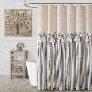lot 45459 image: Farmhouse Shower Curtain Linen Bow Pleated Black Stripe 72W x 72L