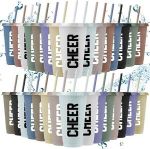 lot 45471 image: Lallisa 30 Pcs Cheerleader Gift Bulk for Team 24 oz Reusable Cheer Plastic Cups with Lids and Straws for Men Women Cheerleader Sport Party Favor Gift(Dark Color)