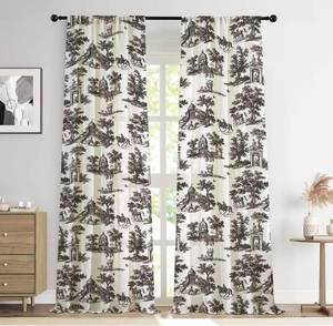 lot 45485 image: LOVOUS Vintage Black Curtains 63 Inch Length Linen Toile de Jouy