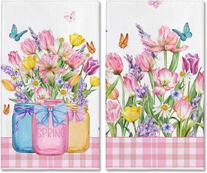 lot 78002 image: Hexagram Spring Kitchen Towels Set of 2,Flower Spring Hand Towel for Bathroom 18x28 Inch, Farmhouse Home Decorations